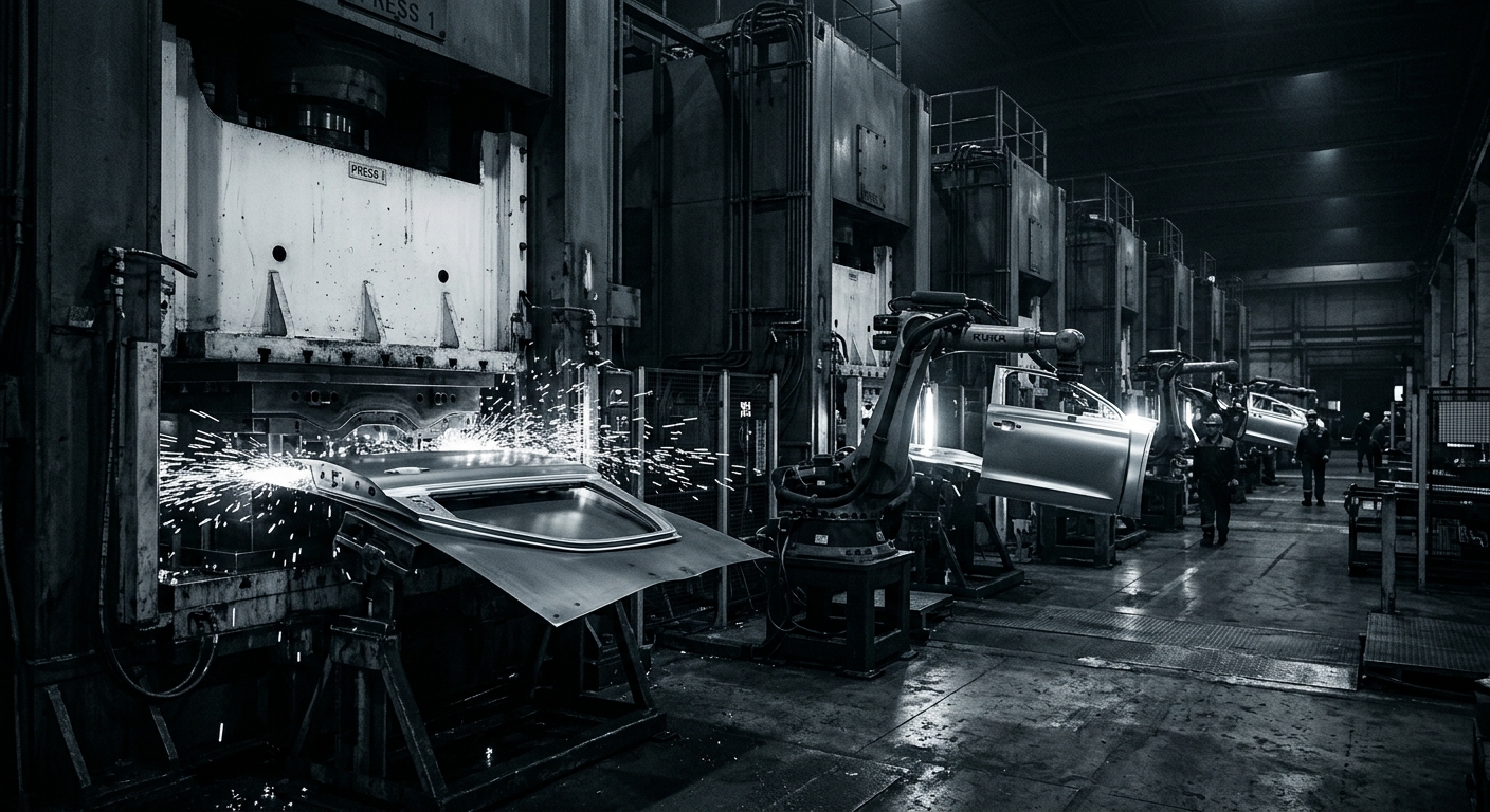 Automotive stamping line pressing sheet steel panels