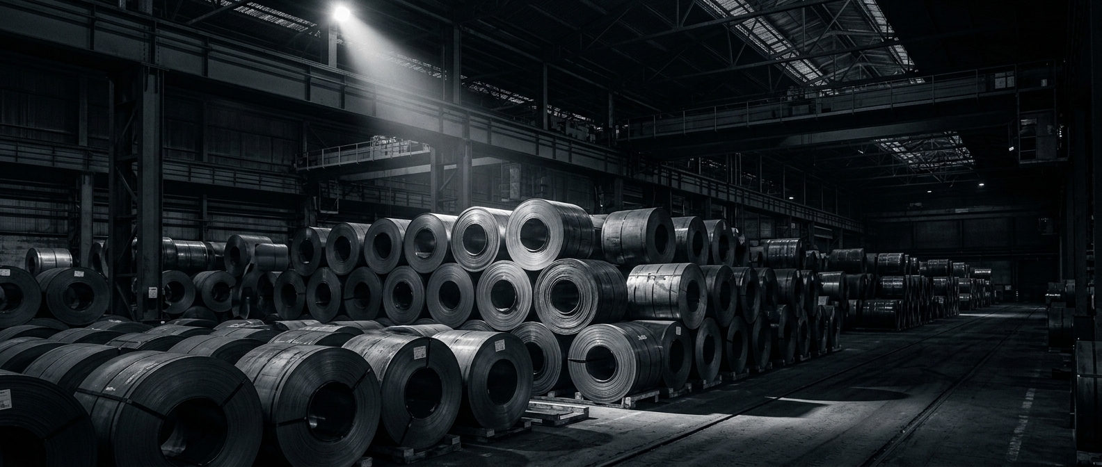 Cold rolled steel coils in an industrial warehouse